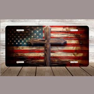 American Flag Christian Cross Car License Plate Auto Tag 6" x 12"